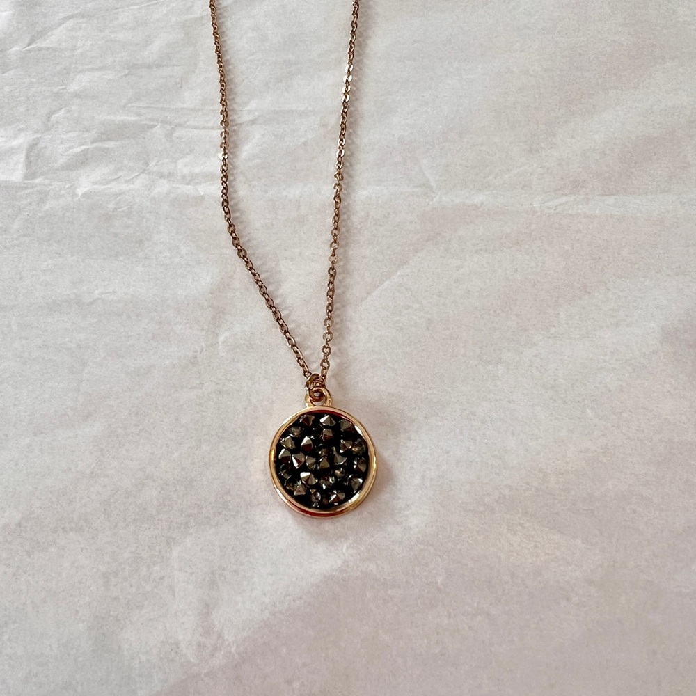 Gold Pendant Necklace with Black rhinestone Accent